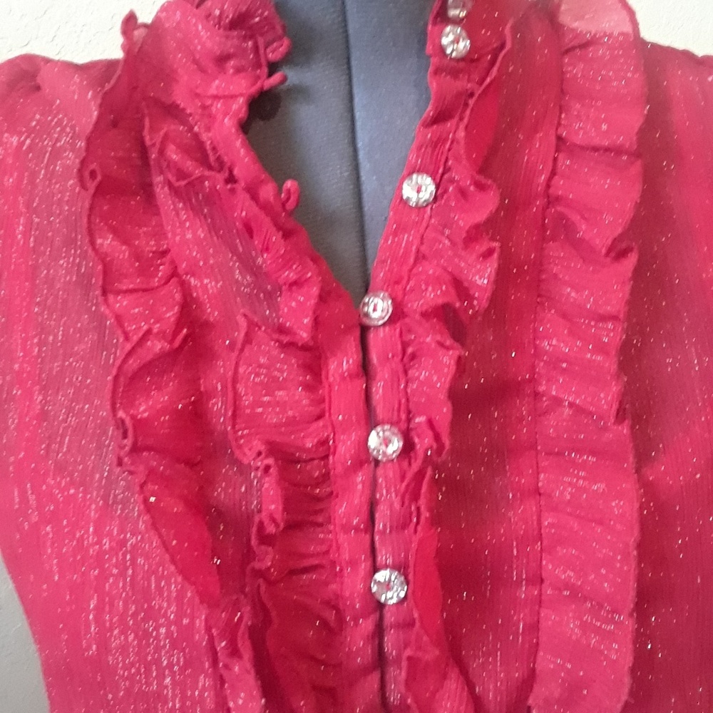 Shimmer Maroon Sheer Ruffled Shirt - Picture 2 of 6